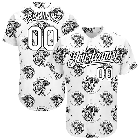 Maxcorners Custom White Black 3D Pattern Design Tiger Authentic Baseball Jersey LM0609