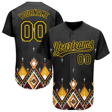 Maxcorners Custom Black Yellow 3D Pattern Design Geometric African Ethnic Style Authentic Baseball Jersey LM2605