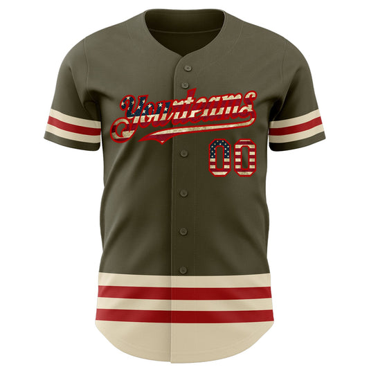 Maxcorners Custom Olive Vintage USA Flag Navy-Cream Line Premium Salute To Service Baseball Jersey LM0210