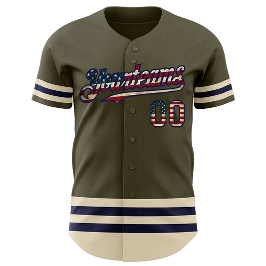 Maxcorners Custom Olive Vintage USA Flag Cream-Maroon Line Premium Salute To Service Baseball Jersey LM0210