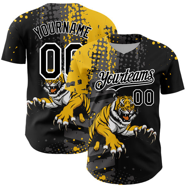 Maxcorners Custom Black Yellow-White 3D Pattern Design Animal Tiger Authentic Baseball Jersey
 LM0609