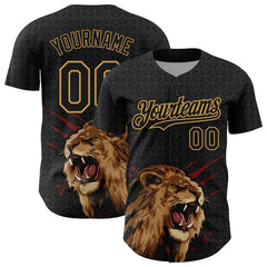 Maxcorners Custom Black Old Gold 3D Pattern Design Animal Lion Authentic Baseball Jerseys
 LM0609