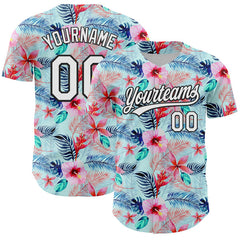 Maxcorners Custom Ice Blue White-Black 3D Hawaii Tropical Palm Leaves And Flower Authentic Baseball Jersey LM0609