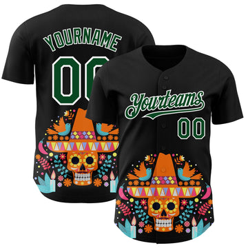 Maxcorners Custom Black Green-White 3D Mexican Festival Flower Skull With Sombrero Cinco de Mayo Authentic Baseball Jersey LM2605