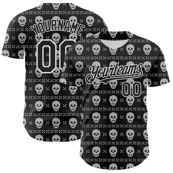 Maxcorners Custom Black White 3D Gothic Skull Authentic Baseball Jersey
 LM0609