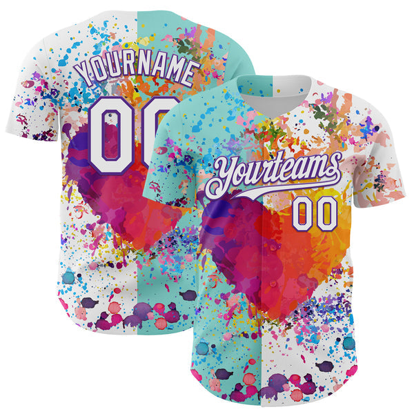 Maxcorners Custom White Ice Blue-Purple 3D Pattern Design Graffiti Splash Authentic Baseball Jersey
 LM0609