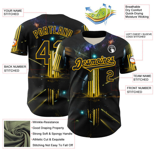 Maxcorners Custom Blue Navy-White 3D Pattern Design Outer Space Light Swords American Flag Premium Baseball Jersey LM0210