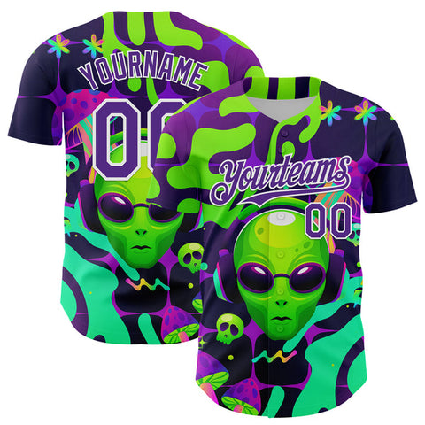 Maxcorners Custom Black Purple-White 3D Pattern Design Trippy Skull Alien Authentic Baseball Jersey
 LM0609