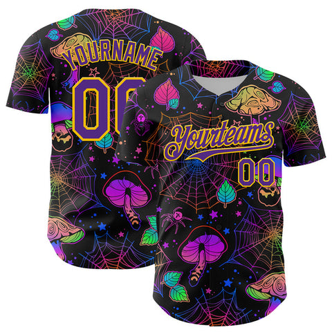 Maxcorners Custom Black Purple-Yellow 3D Pattern Design Trippy Magic Mushrooms Spider Web Authentic Baseball Jersey
 LM0609