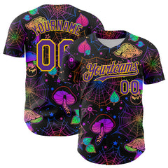Maxcorners Custom Black Purple-Yellow 3D Pattern Design Trippy Magic Mushrooms Spider Web Authentic Baseball Jersey LM0609