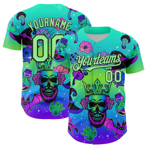 Maxcorners Custom Blue Pea Green-Black 3D Pattern Design Trippy Magic Mushrooms Skull Authentic Baseball Jersey
 LM0609