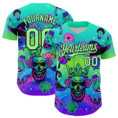 Maxcorners Custom Blue Pea Green-Black 3D Pattern Design Trippy Magic Mushrooms Skull Authentic Baseball Jersey LM0609
