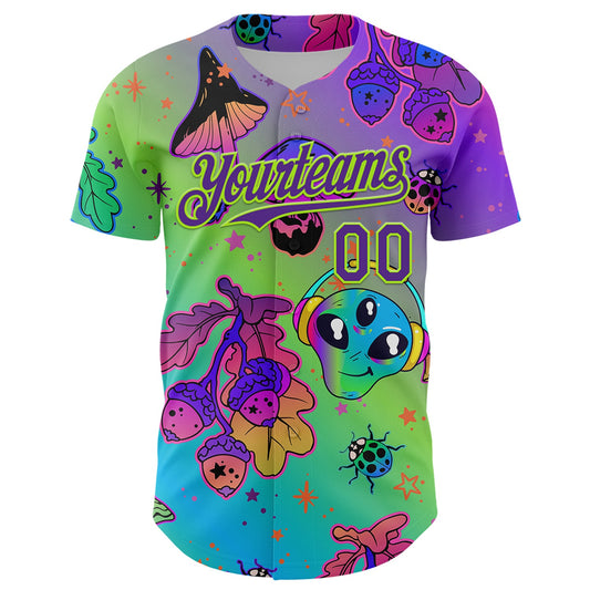 Maxcorners Custom Purple Neon Green 3D Pattern Design Trippy Magic Mushrooms Alien Premium Baseball Jersey LM0210