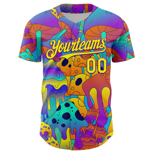 Maxcorners Custom Purple Light Yellow 3D Pattern Design Trippy Magic Mushrooms Trance Premium Baseball Jersey LM0210