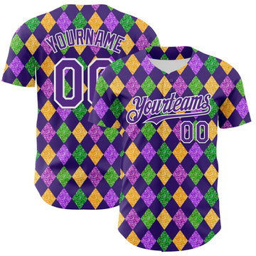Maxcorners Custom Purple White 3D Pattern Design Mardi Gras Shrove Tuesday Authentic Baseball Jersey LM2605