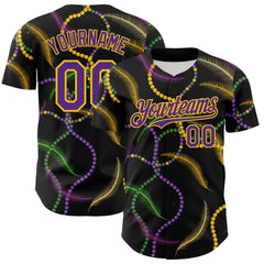 Maxcorners Custom Black Purple-Gold 3D Pattern Design Mardi Gras Shrove Tuesday Premium Baseball Shirt LM0210