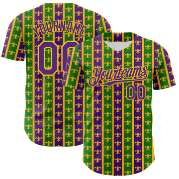 Maxcorners Custom Green Purple-Gold 3D Pattern Design Mardi Gras Shrove Tuesday Authentic Baseball Jersey LM2605