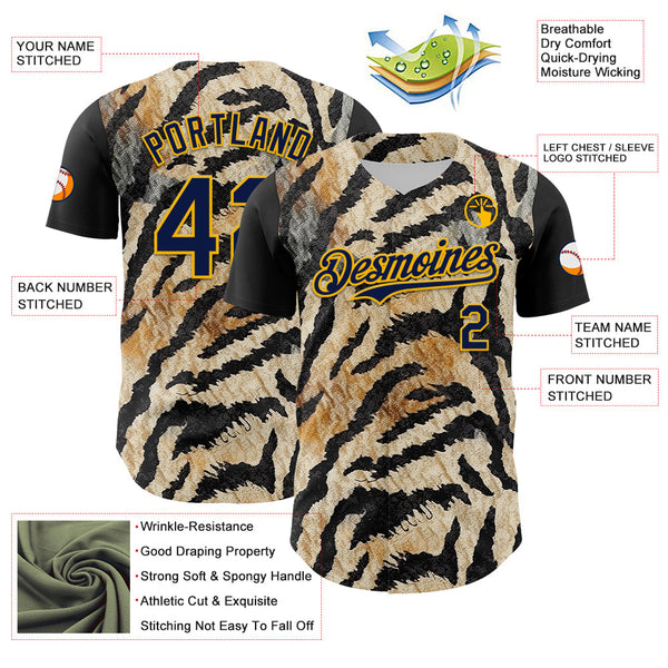 Maxcorners Custom Black Navy-Gold 3D Pattern Design Burner Costumes Tiger Print Premium Baseball Jersey LM0210