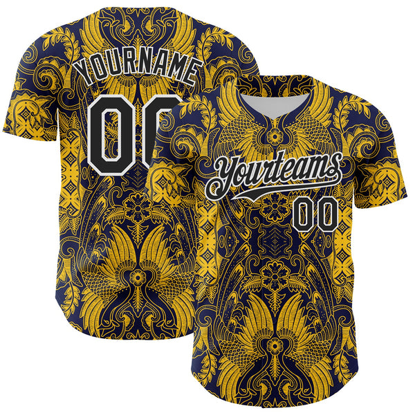 Maxcorners Custom Navy Black Yellow-White 3D Pattern Design Burner Costumes Paisley Premium Baseball Jersey LM0210