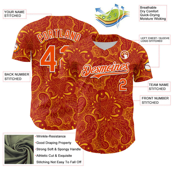 Maxcorners Custom Red Orange Gold-White 3D Pattern Design Burner Costumes Paisley Premium Baseball Jersey LM0210