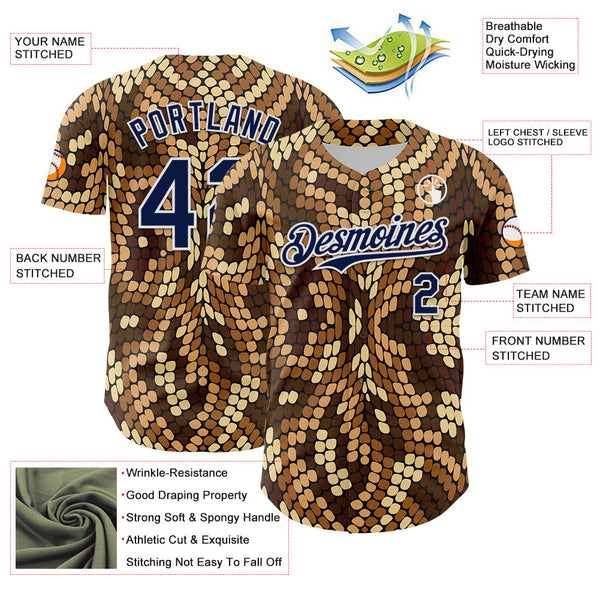Maxcorners Custom Brown Navy-White 3D Pattern Design Burner Costumes Snake Print Premium Baseball Jersey LM0210