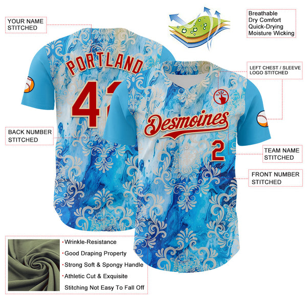 Maxcorners Custom Sky Blue Red-Cream 3D Pattern Design Burner Costumes Paisley Bandana Premium Baseball Jersey LM0210