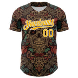 Maxcorners Custom Brown Gold-White 3D Pattern Design Burner Costumes Skull Floral Premium Baseball Jersey LM0210
