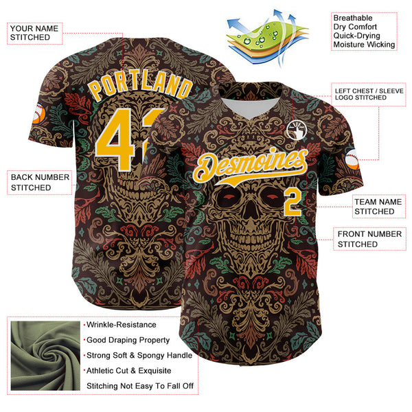 Maxcorners Custom Brown Gold-White 3D Pattern Design Burner Costumes Skull Floral Premium Baseball Jersey LM0210
