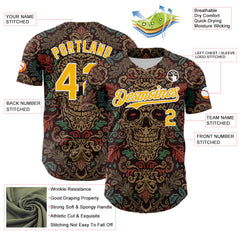Maxcorners Custom Brown Gold-White 3D Pattern Design Burner Costumes Skull Floral Premium Baseball Jersey LM0210