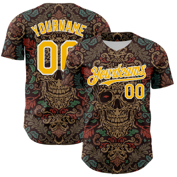 Maxcorners Custom Brown Gold-White 3D Pattern Design Burner Costumes Skull Floral Premium Baseball Jersey LM0210