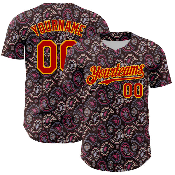Maxcorners Custom Brown Red-Gold 3D Pattern Design Burner Costumes Paisley Bandana Premium Baseball Jersey LM0210