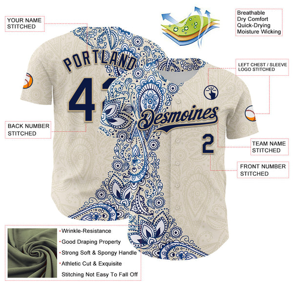 Maxcorners Custom Cream Navy Royal-Vegas Gold 3D Pattern Design Burner Costumes Paisley Premium Baseball Jersey LM0210