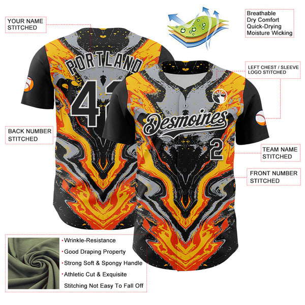Maxcorners Custom Black Gray Orange Yellow-White 3D Pattern Design Rave Party Marble Lava Premium Baseball Jersey LM0210