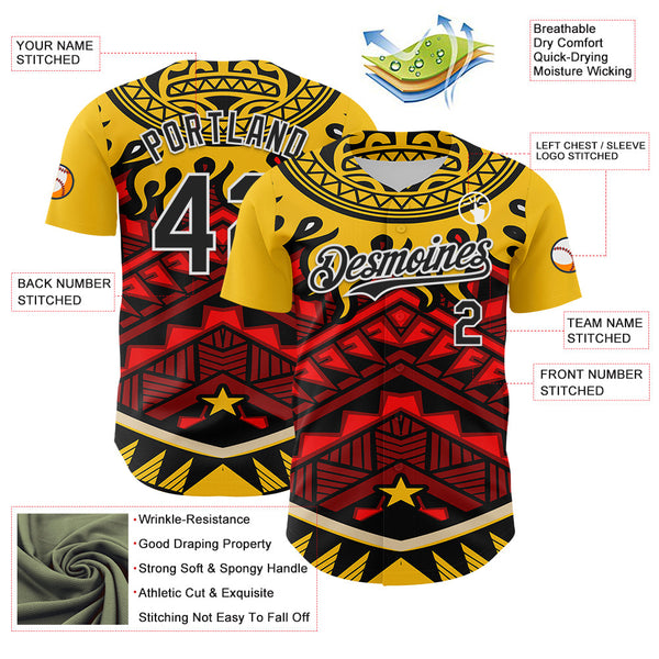 Maxcorners Custom Yellow Black Red-White 3D Pattern Design Rave Party Tribal Premium Baseball Jersey LM0210