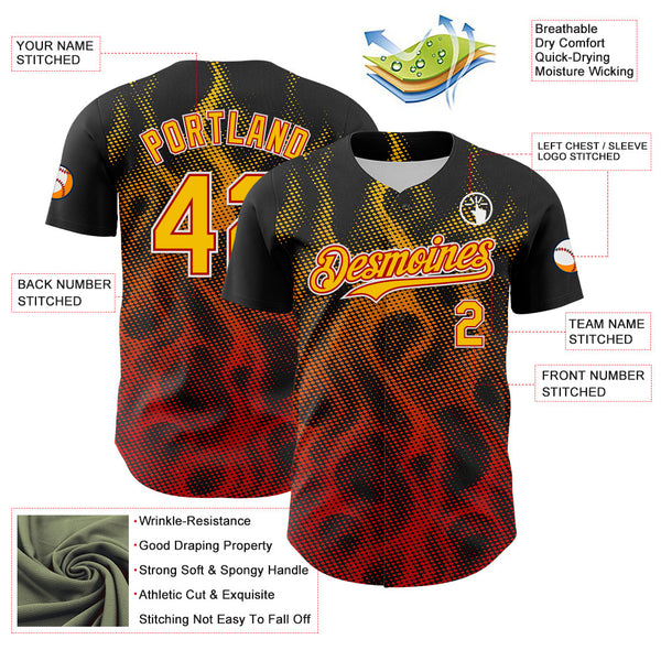 Maxcorners Custom Black Yellow Red-White 3D Pattern Design Rave Party Flame Premium Baseball Jersey LM0210