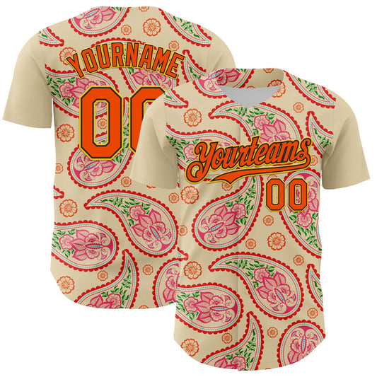 Maxcorners Custom Cream Orange Black-Yellow 3D Pattern Design Rave Party Paisley Bandana Premium Baseball Jersey LM0210