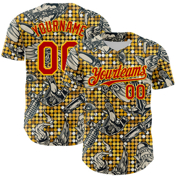 Maxcorners Custom Black Red-Yellow 3D Pattern Design Rave Party Tattoos Disco Authentic Baseball Jersey
 LM0609