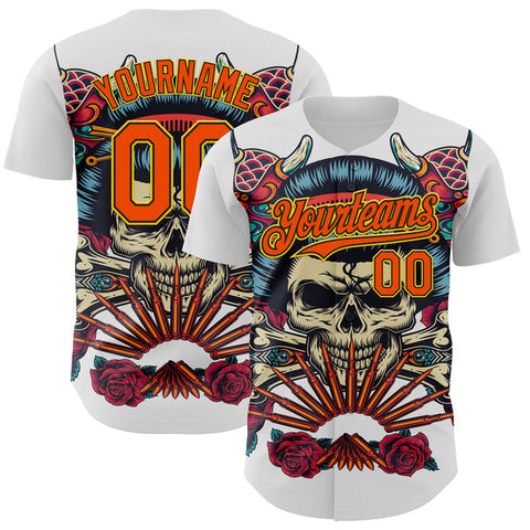 Maxcorners Custom White Orange Black-Yellow 3D Pattern Design Rave Party Vintage Geisha Skull Authentic Baseball Jersey
 LM0609