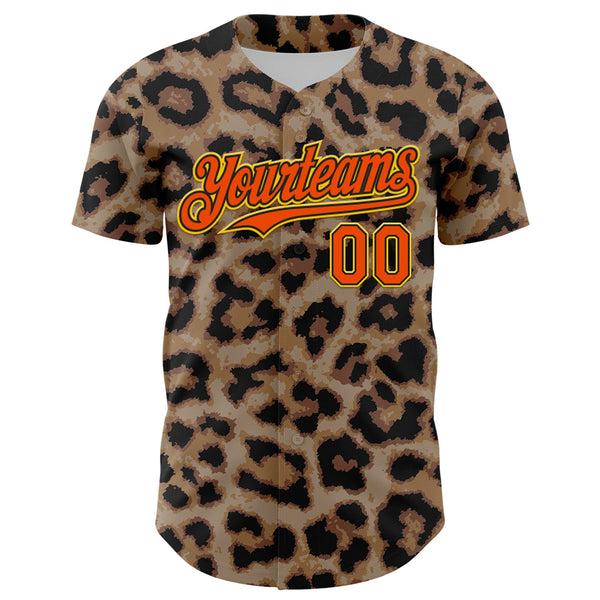 Maxcorners Custom Brown Orange Black-Yellow 3D Pattern Design Rave Party Animal Leopard Print Premium Baseball Jersey LM0210