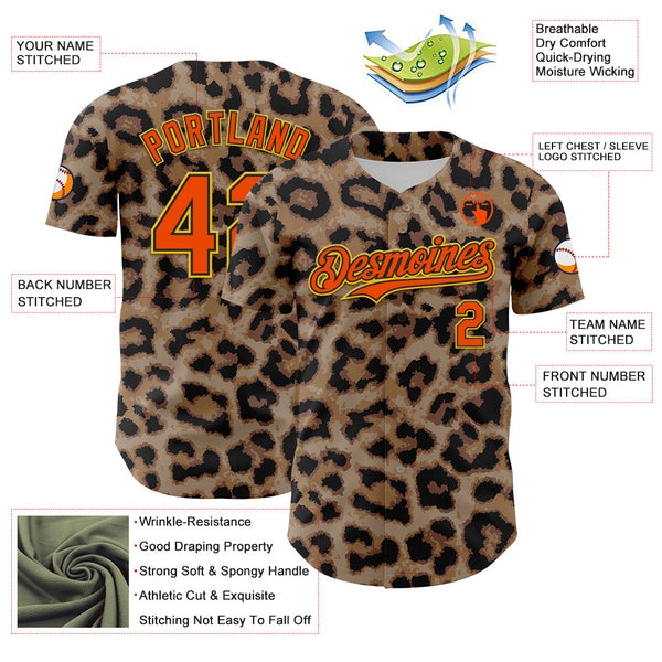 Maxcorners Custom Brown Orange Black-Yellow 3D Pattern Design Rave Party Animal Leopard Print Premium Baseball Jersey LM0210