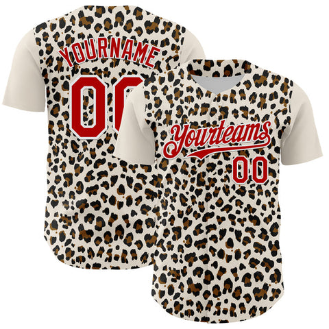 Maxcorners Custom Cream Red-White 3D Pattern Design Rave Party Animal Leopard Print Authentic Baseball Jersey
 LM0609