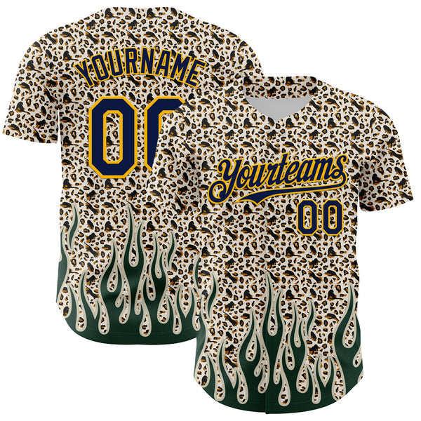 Maxcorners Custom Cream Navy-Gold 3D Pattern Design Rave Party Animal Leopard Print Authentic Baseball Jersey
 LM0609