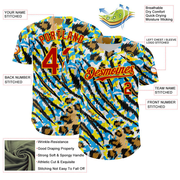 Maxcorners Custom White Red-Gold 3D Pattern Design Rave Party Animal Tiger And Leopard Print Premium Baseball Jersey LM0210