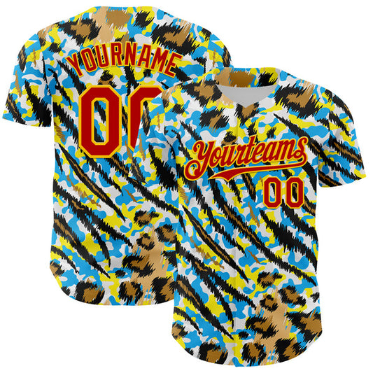 Maxcorners Custom White Red-Gold 3D Pattern Design Rave Party Animal Tiger And Leopard Print Authentic Baseball Jersey LM0609