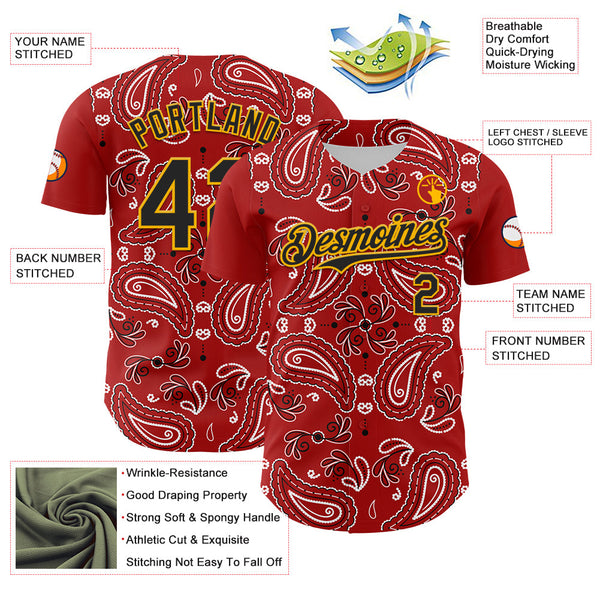 Maxcorners Custom Red Black-Gold 3D Pattern Design Rave Party Paisley Bandana Premium Baseball Jersey LM0210