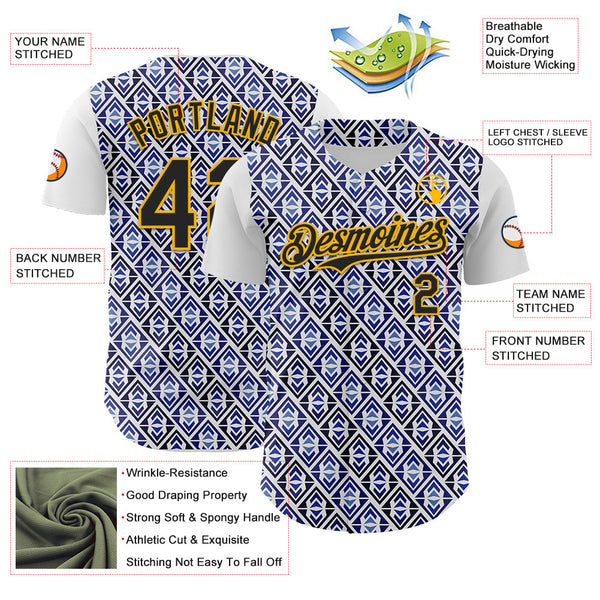 Maxcorners Custom White Black Royal-Gold 3D Pattern Design Rave Party Monogram Geometric Shape Premium Baseball Jersey LM0210
