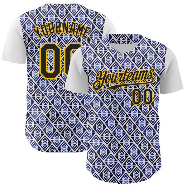 Maxcorners Custom White Black Royal-Gold 3D Pattern Design Rave Party Monogram Geometric Shape Premium Baseball Jersey LM0210