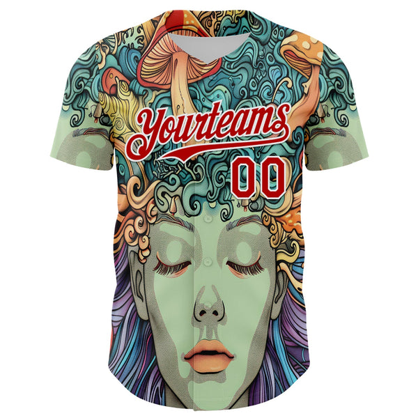 Maxcorners Custom Green Red-White 3D Pattern Design Rave Party Trippy Magic Mushroom Premium Baseball Jersey LM0210