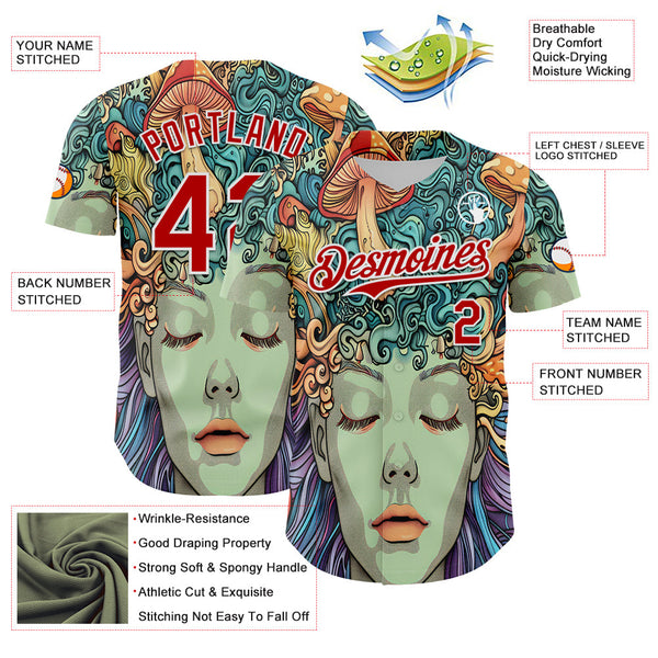 Maxcorners Custom Green Red-White 3D Pattern Design Rave Party Trippy Magic Mushroom Premium Baseball Jersey LM0210