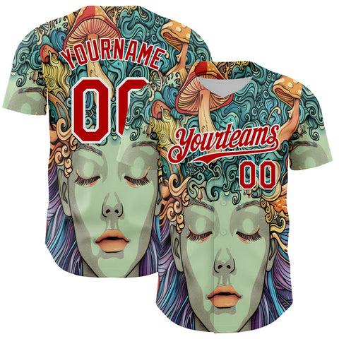 Maxcorners Custom Green Red-White 3D Pattern Design Rave Party Trippy Magic Mushroom Authentic Baseball Jersey
 LM0609